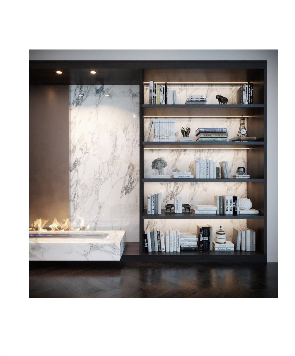 Marble bookcase with fireplace
